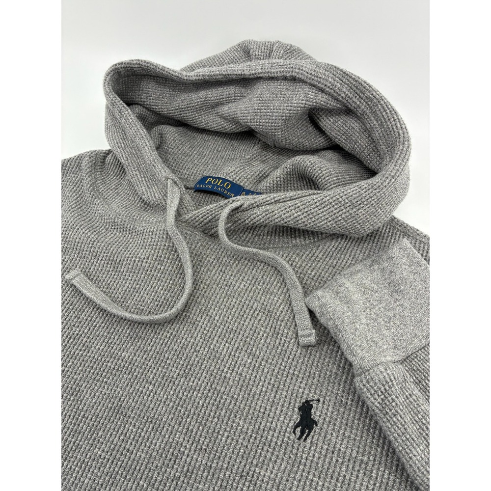 Polo Ralph Lauren Mens XL Waffle Knit Thermal Hoodie Heather Gray Cotton Pony